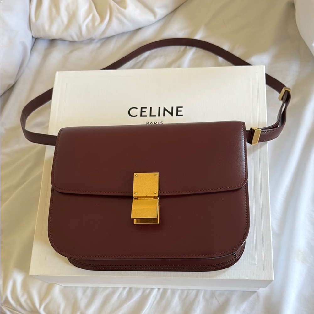 Celine Box Calfskin Medium Classic Box Flap Bag Burgundy
